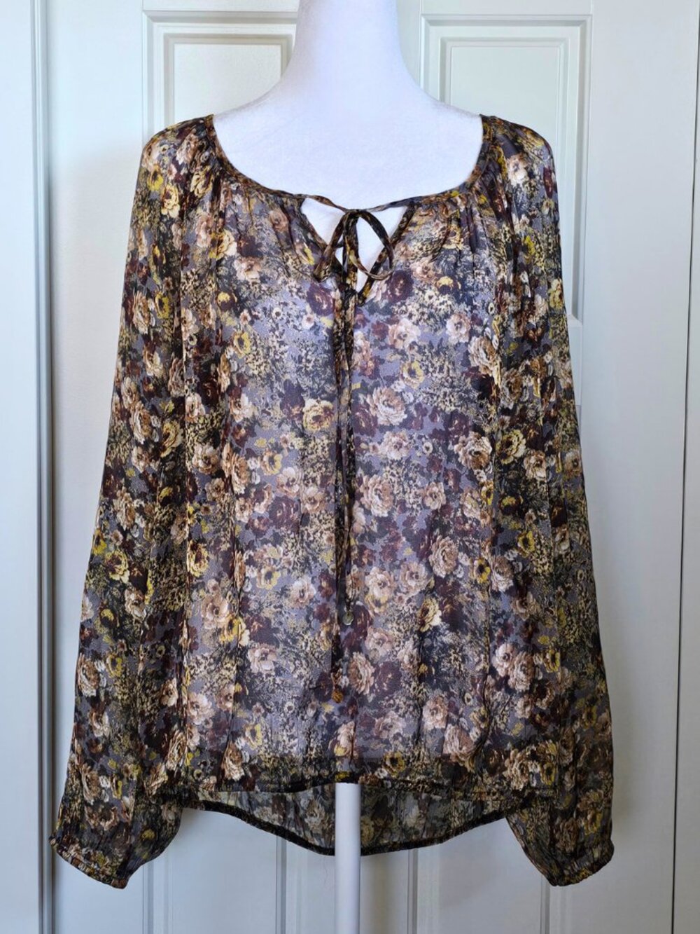 Karen Kane Floral Silk Blouse Women L Sheer Boho Peasant Top Made USA
